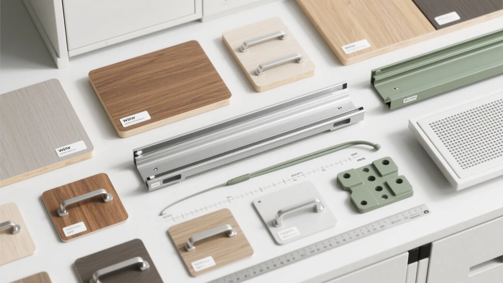 Wood samples metal cabinet handles and furniture hardware parts neatly arranged on a flat surface