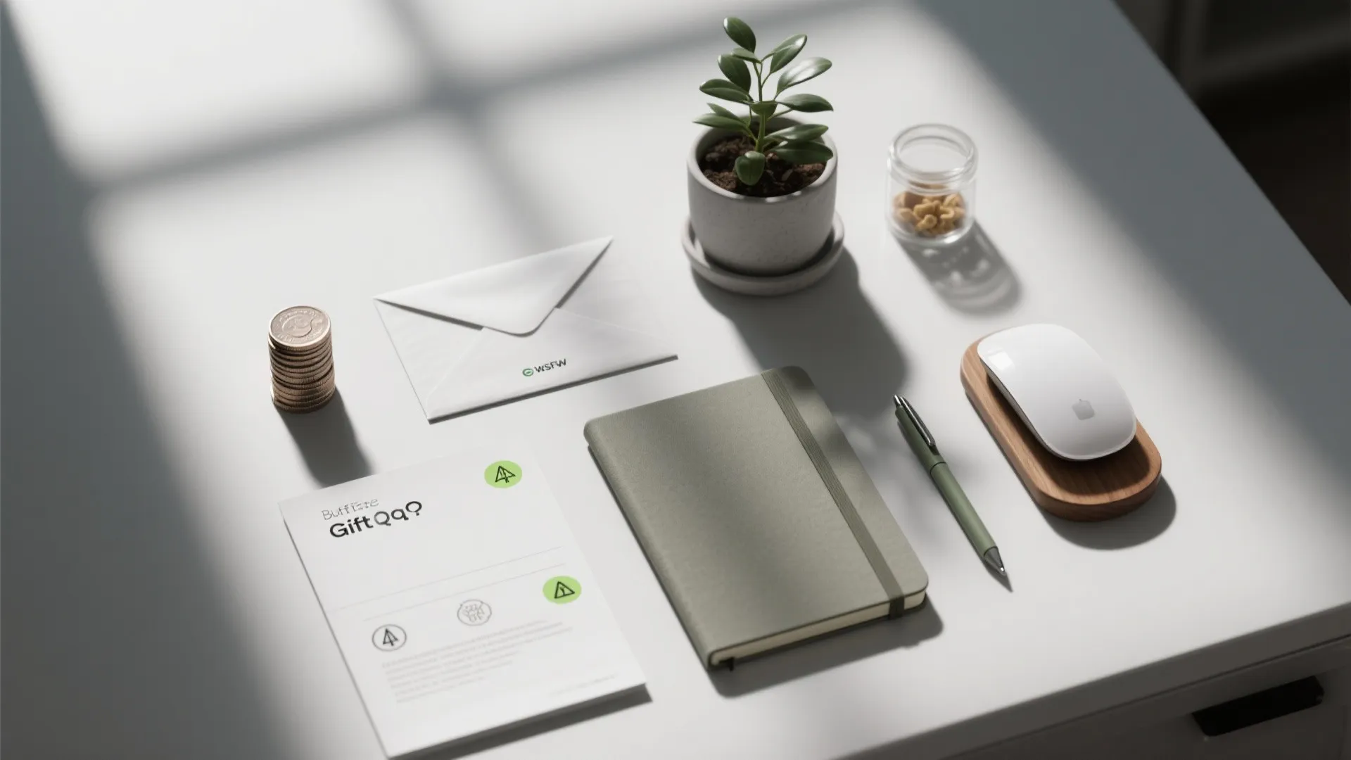 White desk with small plant jar coins envelope green notebook pen and white computer mouse