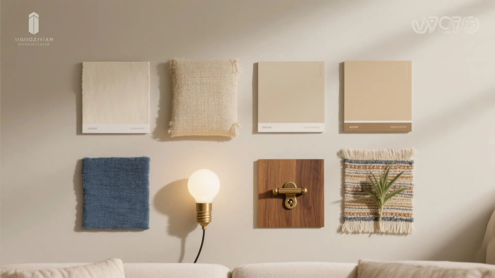 Interior design mood board with fabric swatches paint samples wood panel light bulb and plant