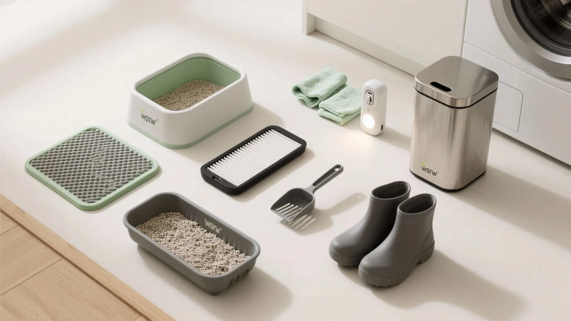 Pet care supplies collection with litter boxes mats scoop boots and a metal trash can