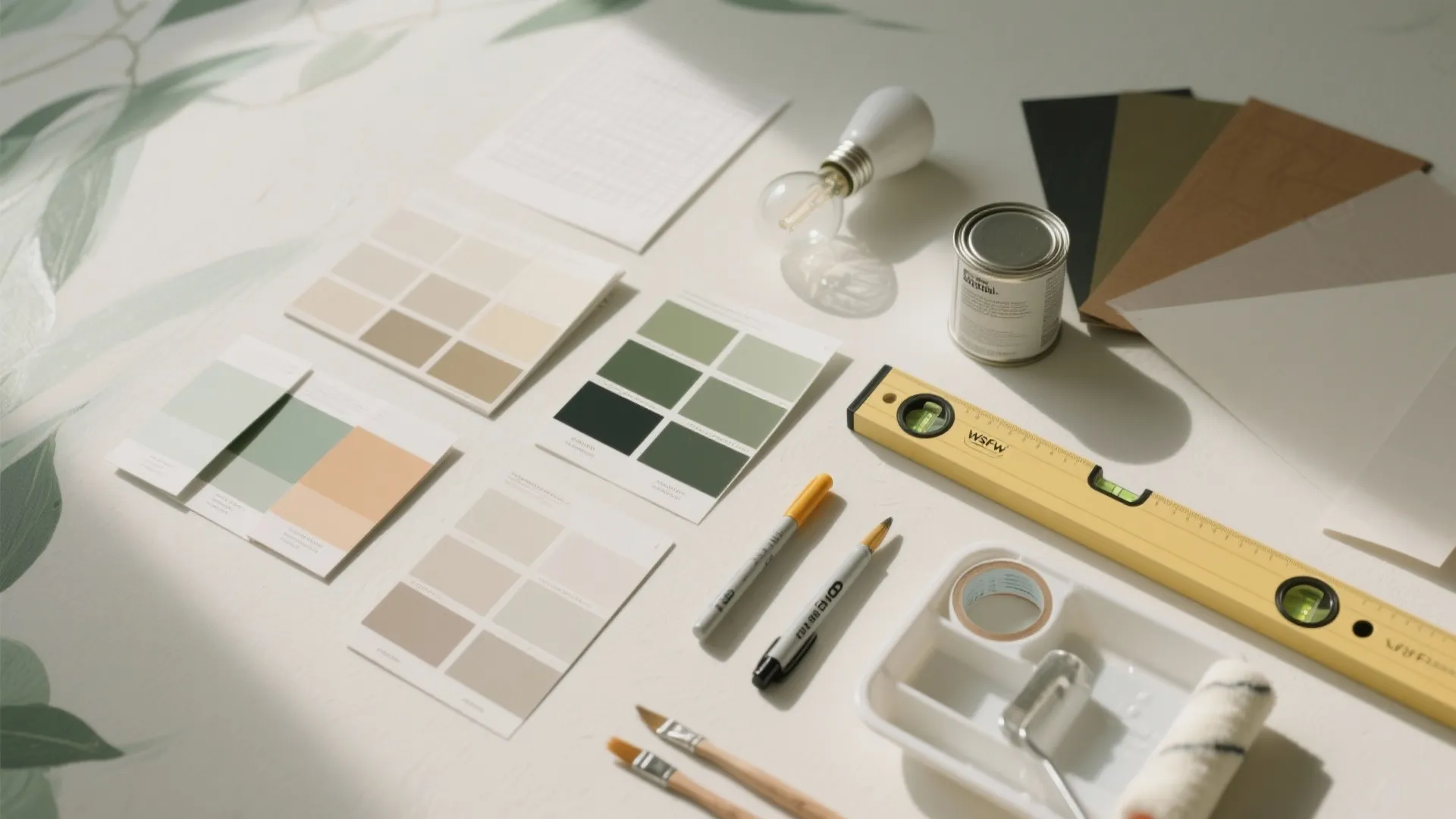 Interior design flat lay with color paint swatches level tool light bulbs brushes and rollers