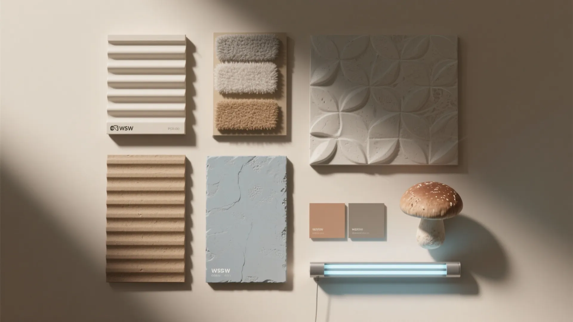 Interior design flat lay featuring textured wall panel samples stone slabs fabric swatches and palettes