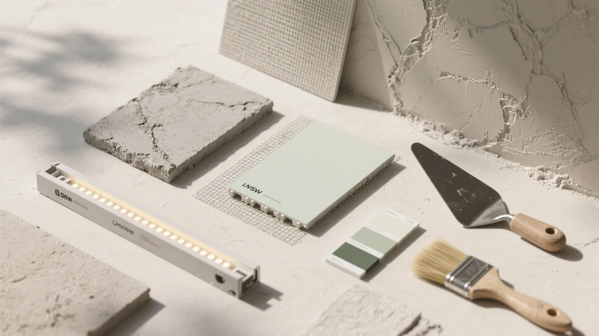 Interior design materials including light fixture paint swatches stone samples a brush and metal tool