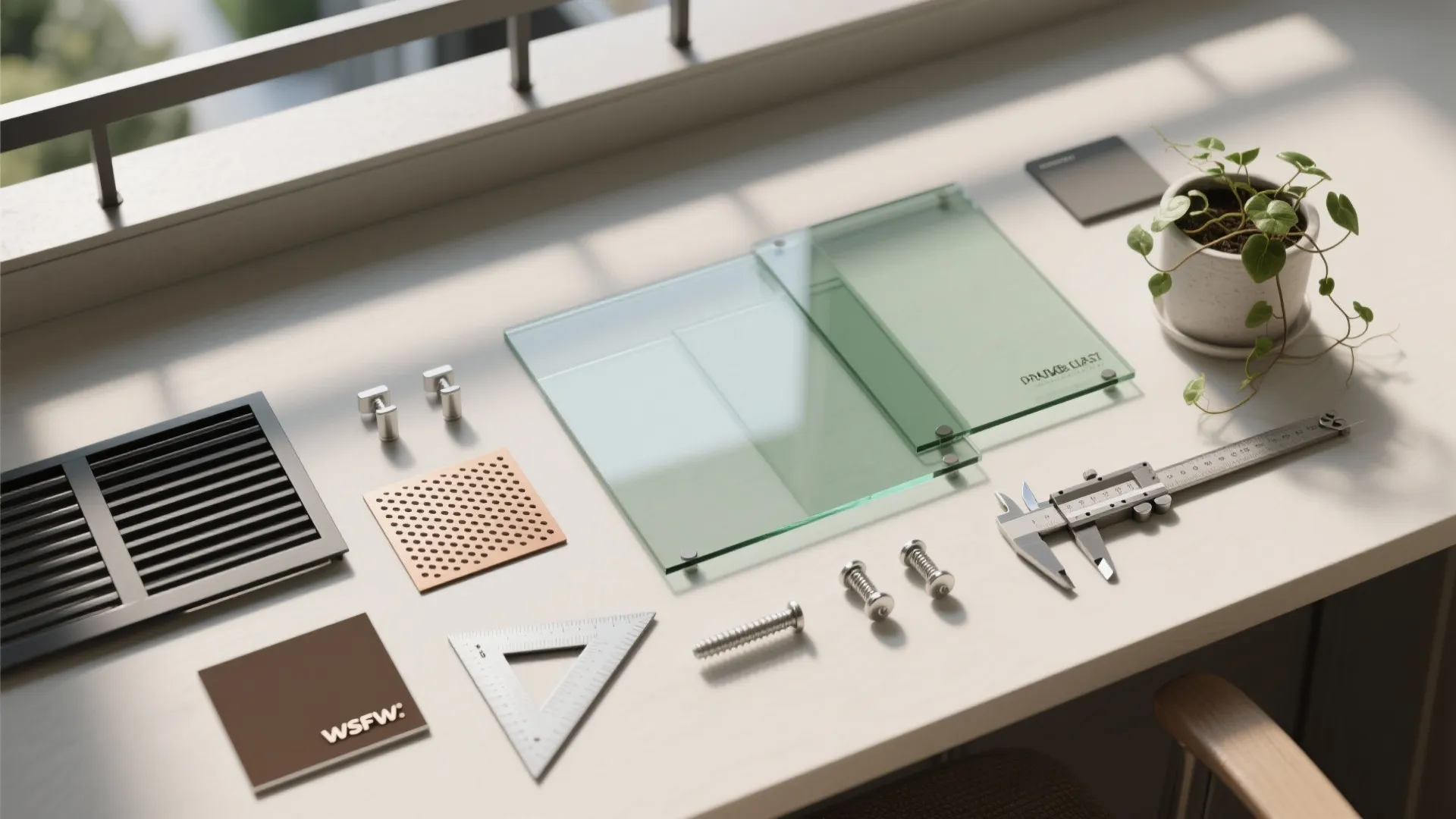 Interior design materials including glass panels, metal screws, measuring tools, and small green potted plant