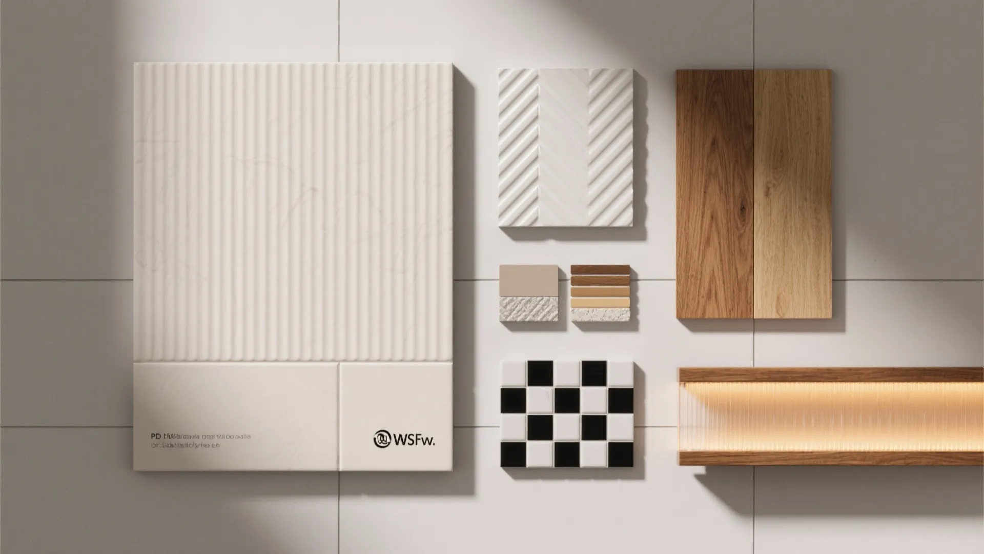 Interior design mood board with wood samples cream wall panel textured tiles and black checkered patterns