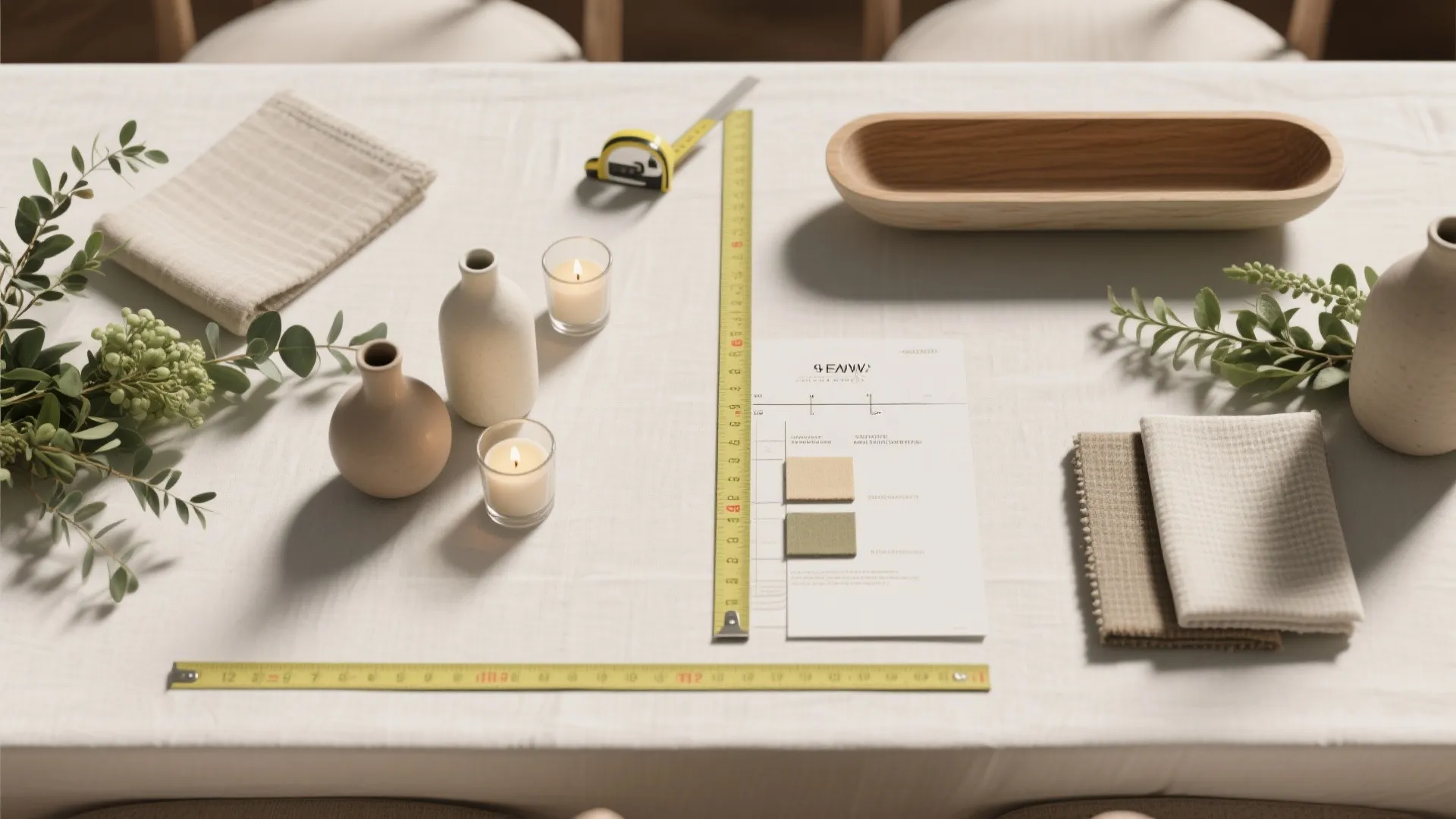 Top-down flatlay of centerpiece styling essentials and sizing tools including a tape measure, small vases, candle votives, wooden trough sample, and material swatches.
