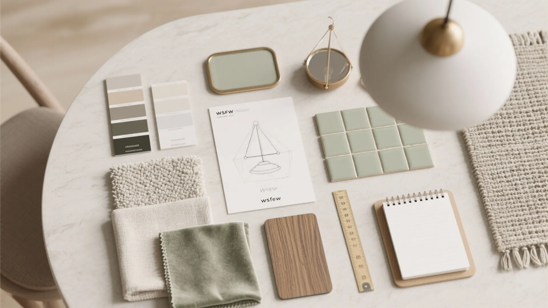 Interior design mood board flat lay with color swatches green tiles fabric samples and wood