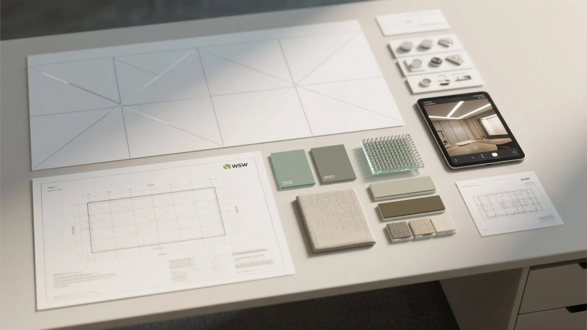 Interior design materials including blueprints color swatches fabric samples and tablet on a white desk