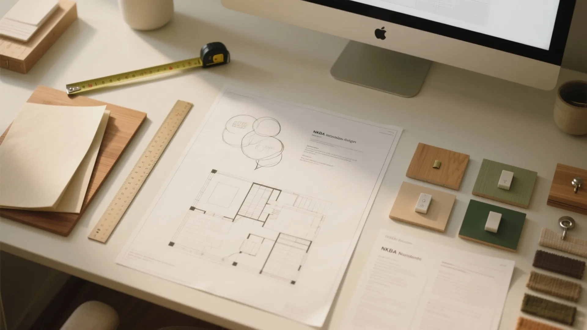 Desk with floor plan paper measuring tape ruler computer screen and interior design material samples