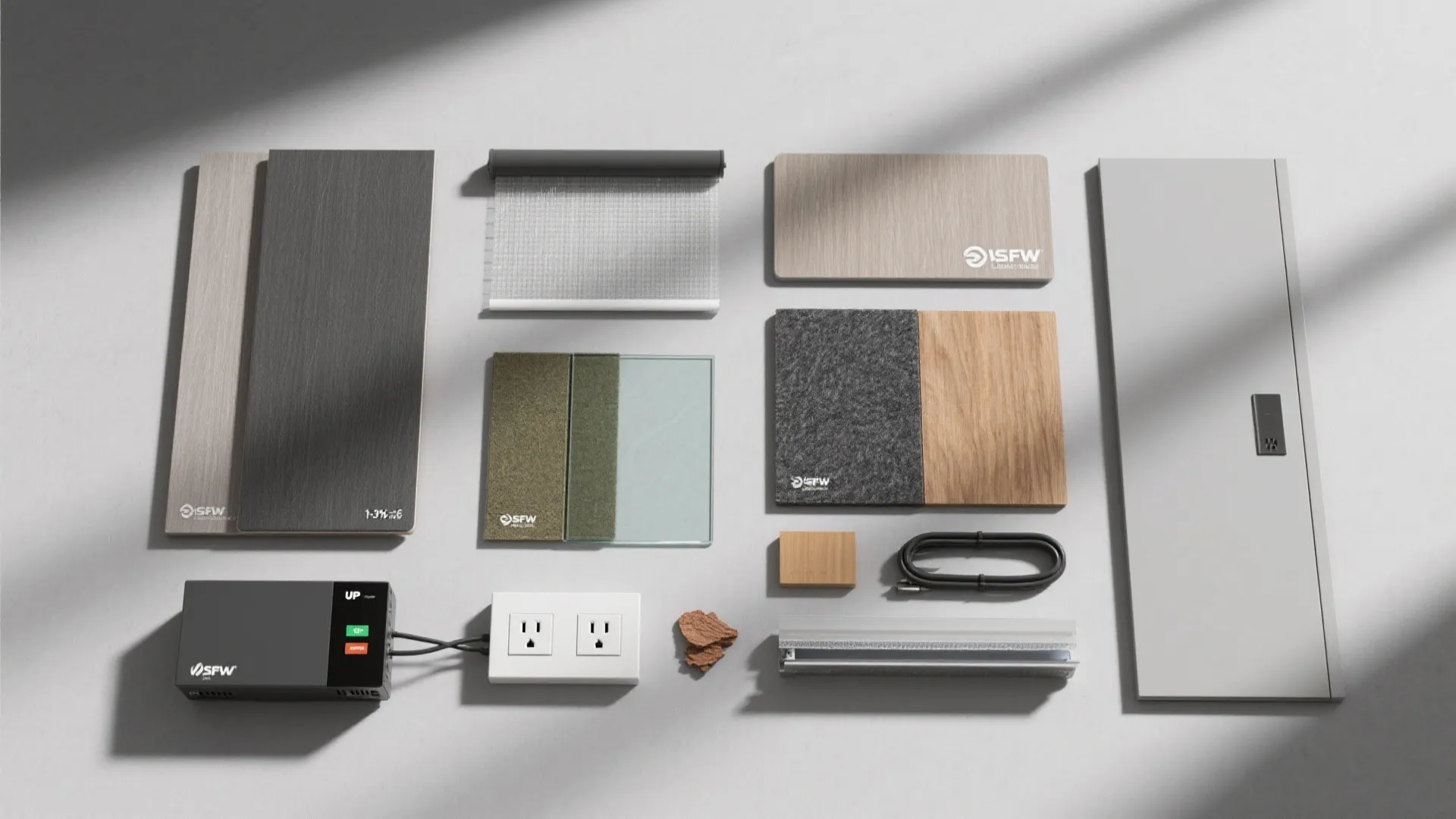Interior design material samples showing wood panels wall panels glass power outlets and grey fabric textures