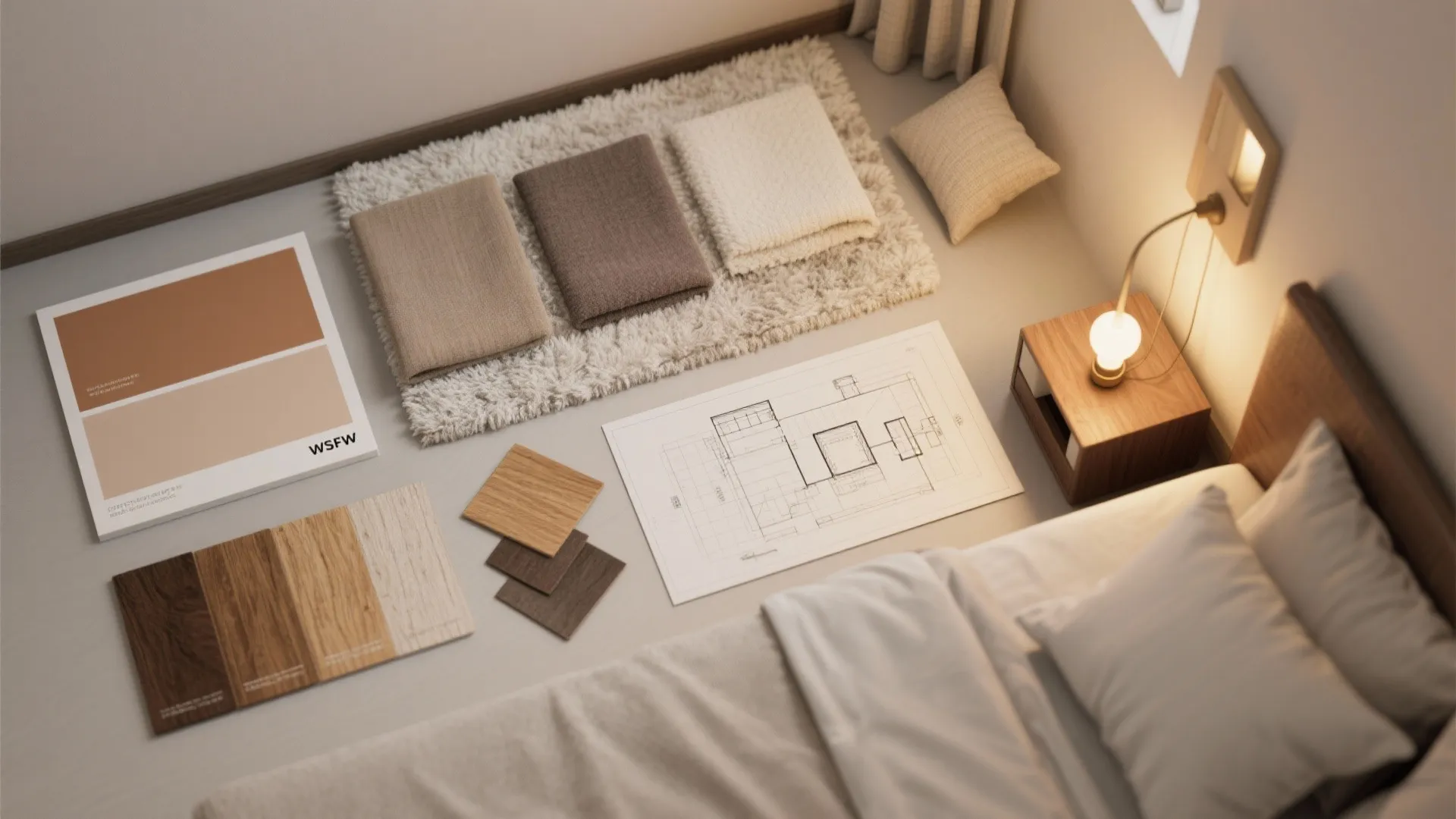Flat lay showing interior design samples with color palette, wood blocks, fabrics, and room floor plan