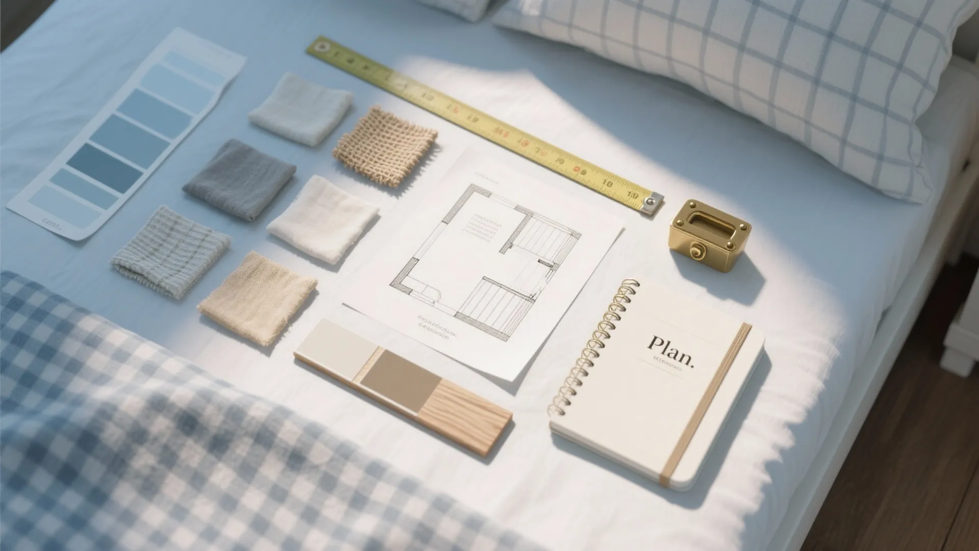 Interior design planning materials including floor plan, fabric samples, color palette, notebook, and yellow ruler