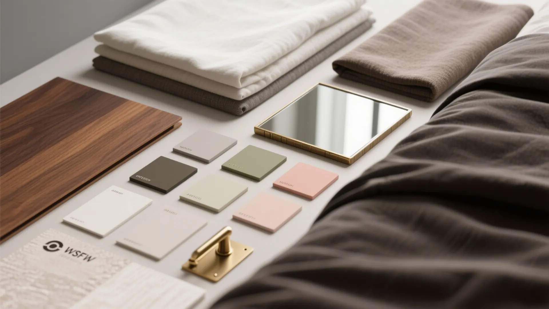 Flatlay of wood samples, fabric swatches and hardware for a dark wood bedroom palette