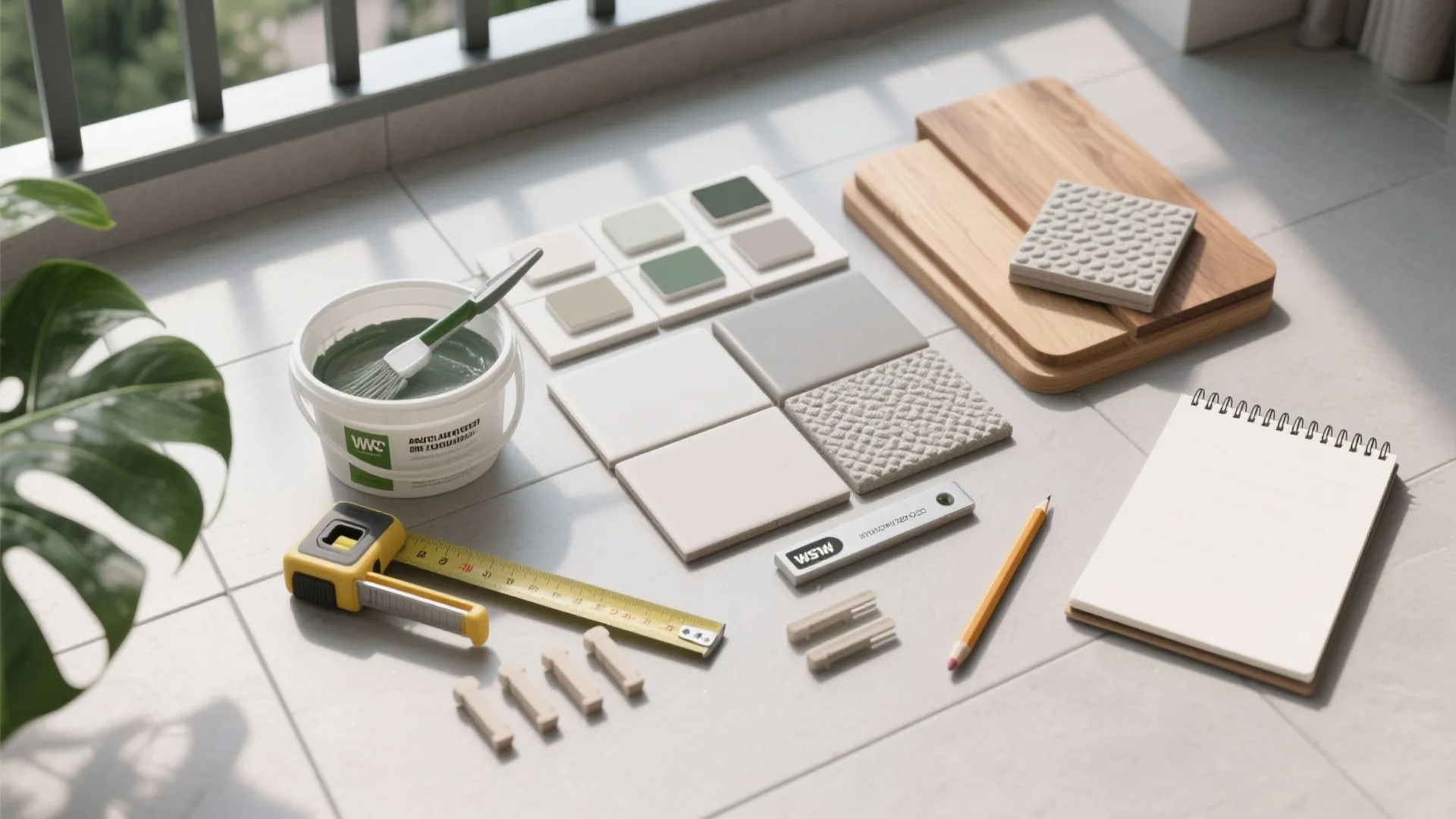 Interior design materials including paint bucket wood samples measuring tape and notebook on floor tiles