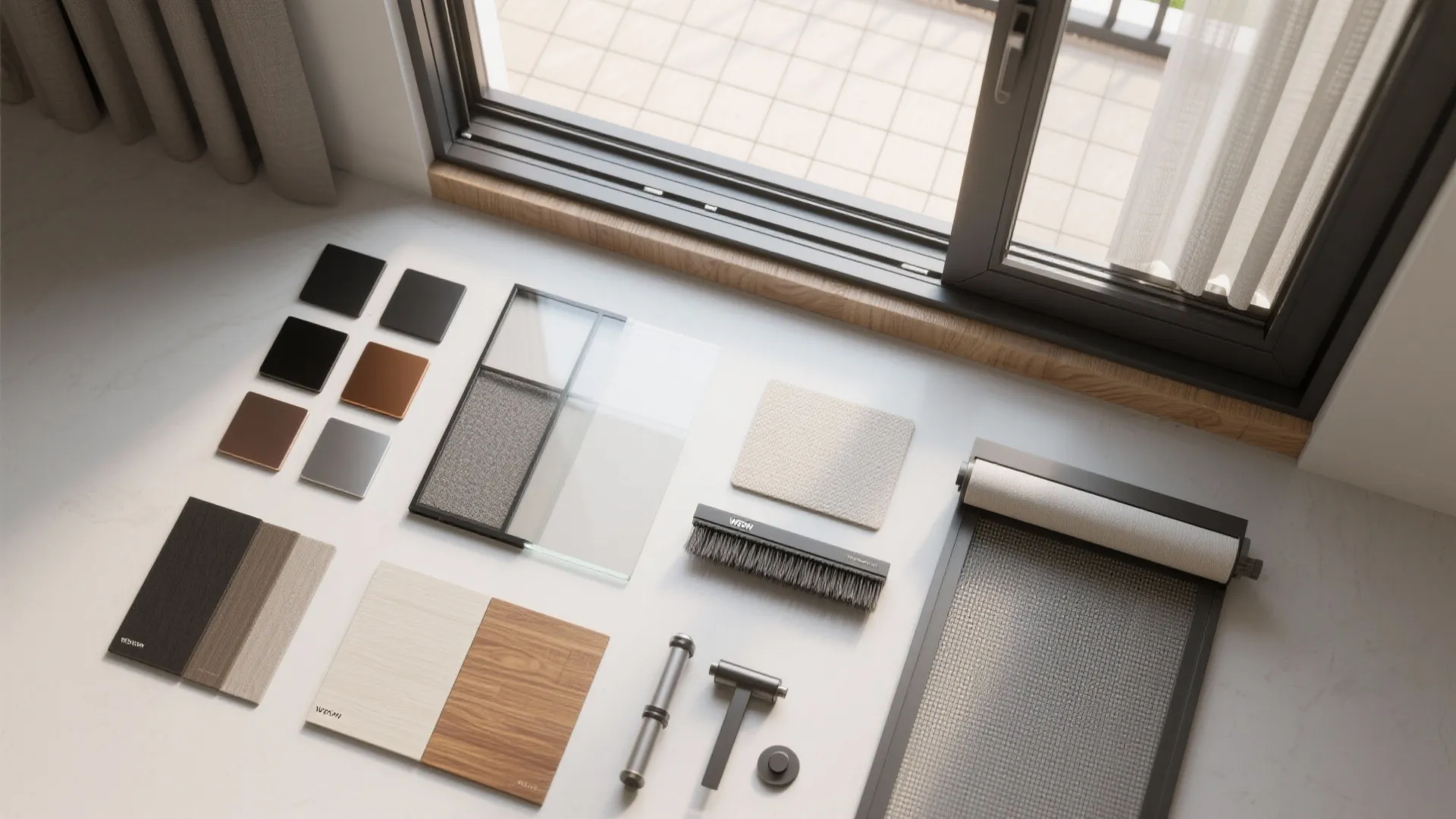 Interior design material samples including wood tiles fabric and metal parts near a large window