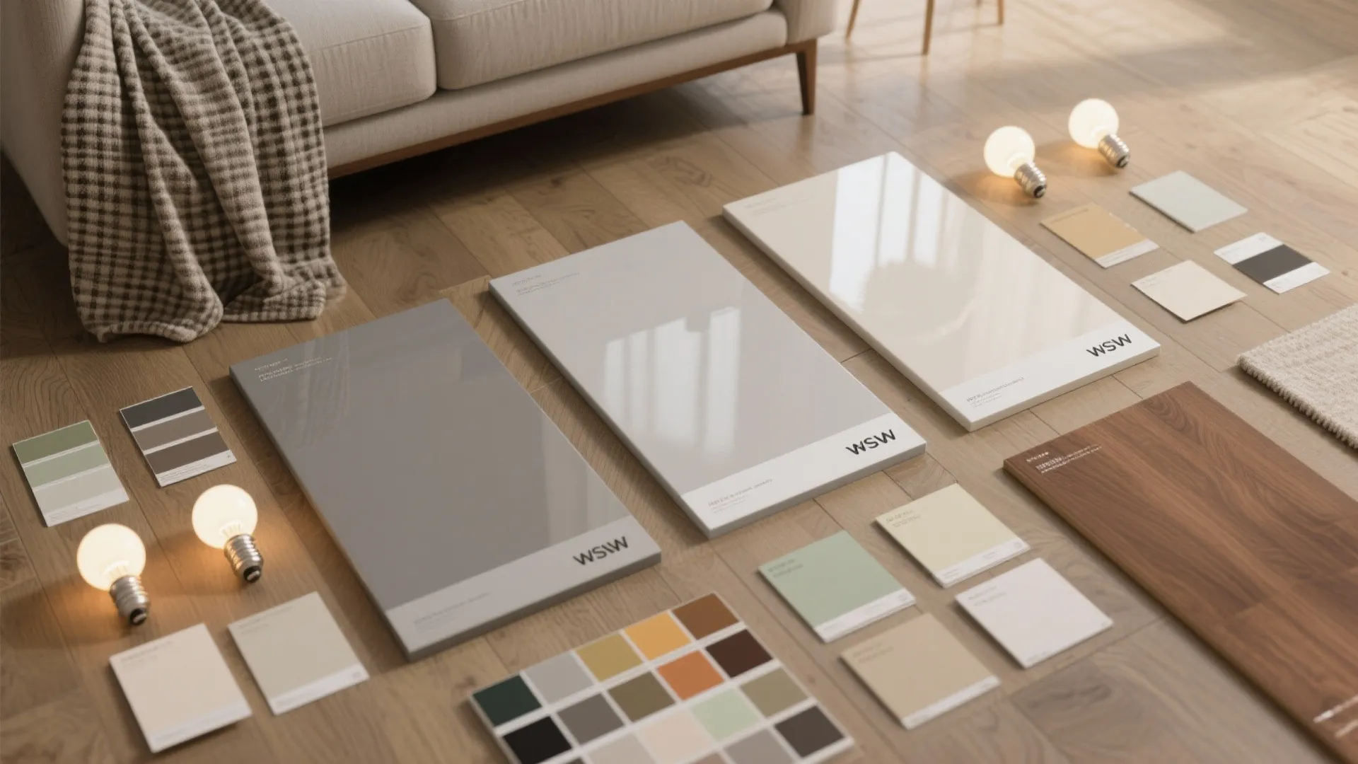 Interior design materials on wood floor featuring color swatches light bulbs and glossy finish panels