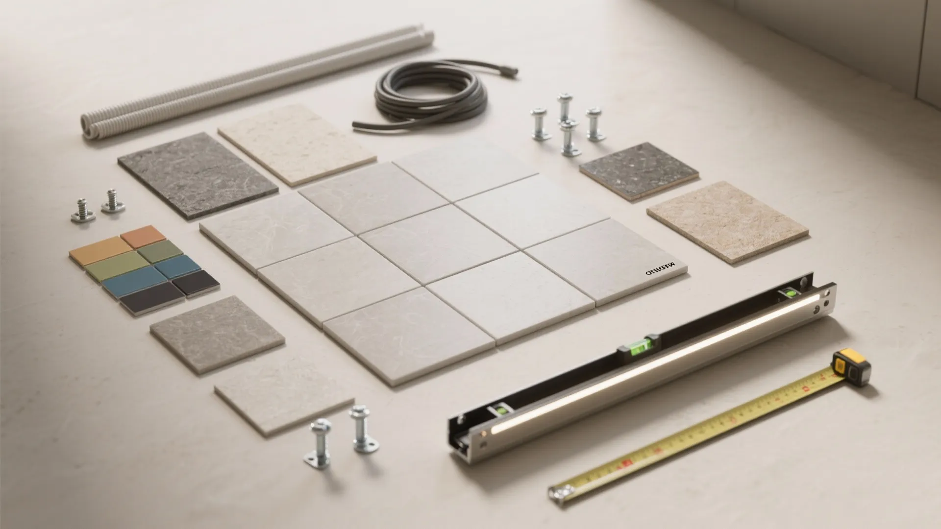 Interior design drawing of floor tiles, measuring tape, level tool, screws, and various material samples
