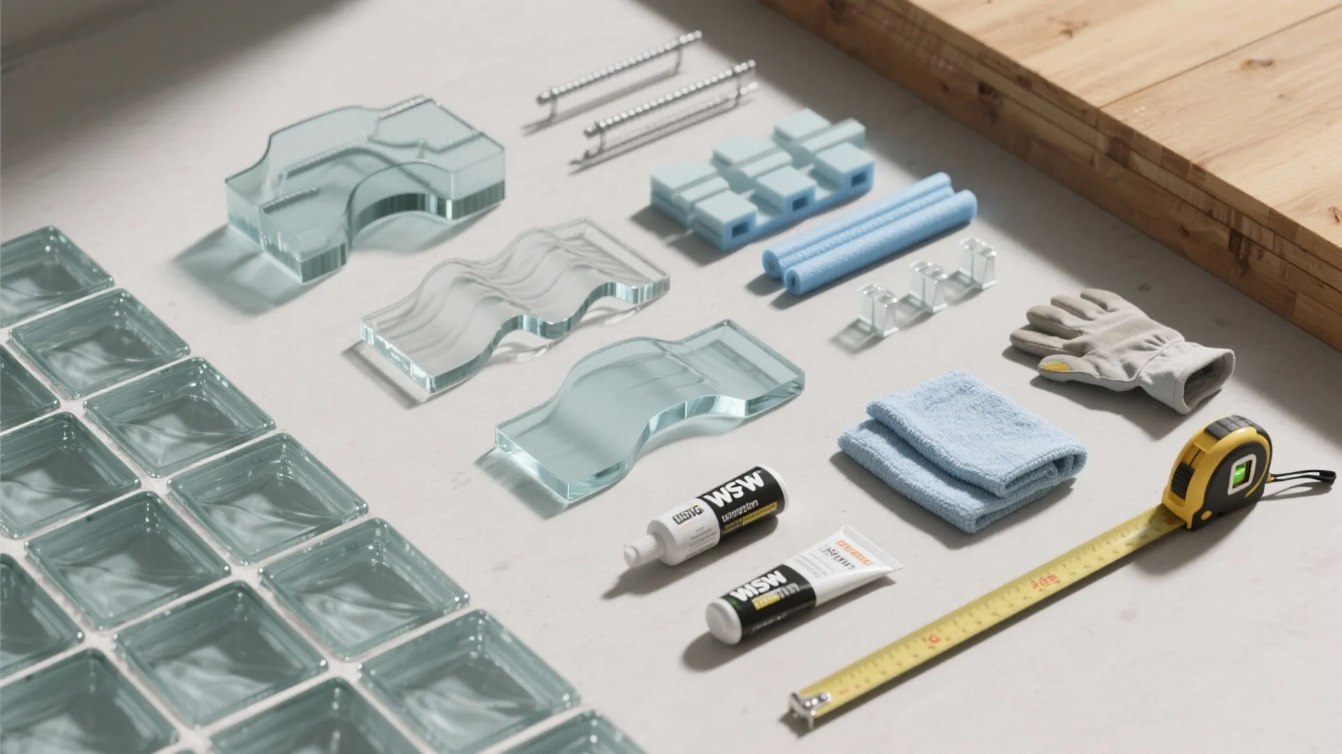 Top view of glass blocks construction tools tape measure work gloves and glue on white floor