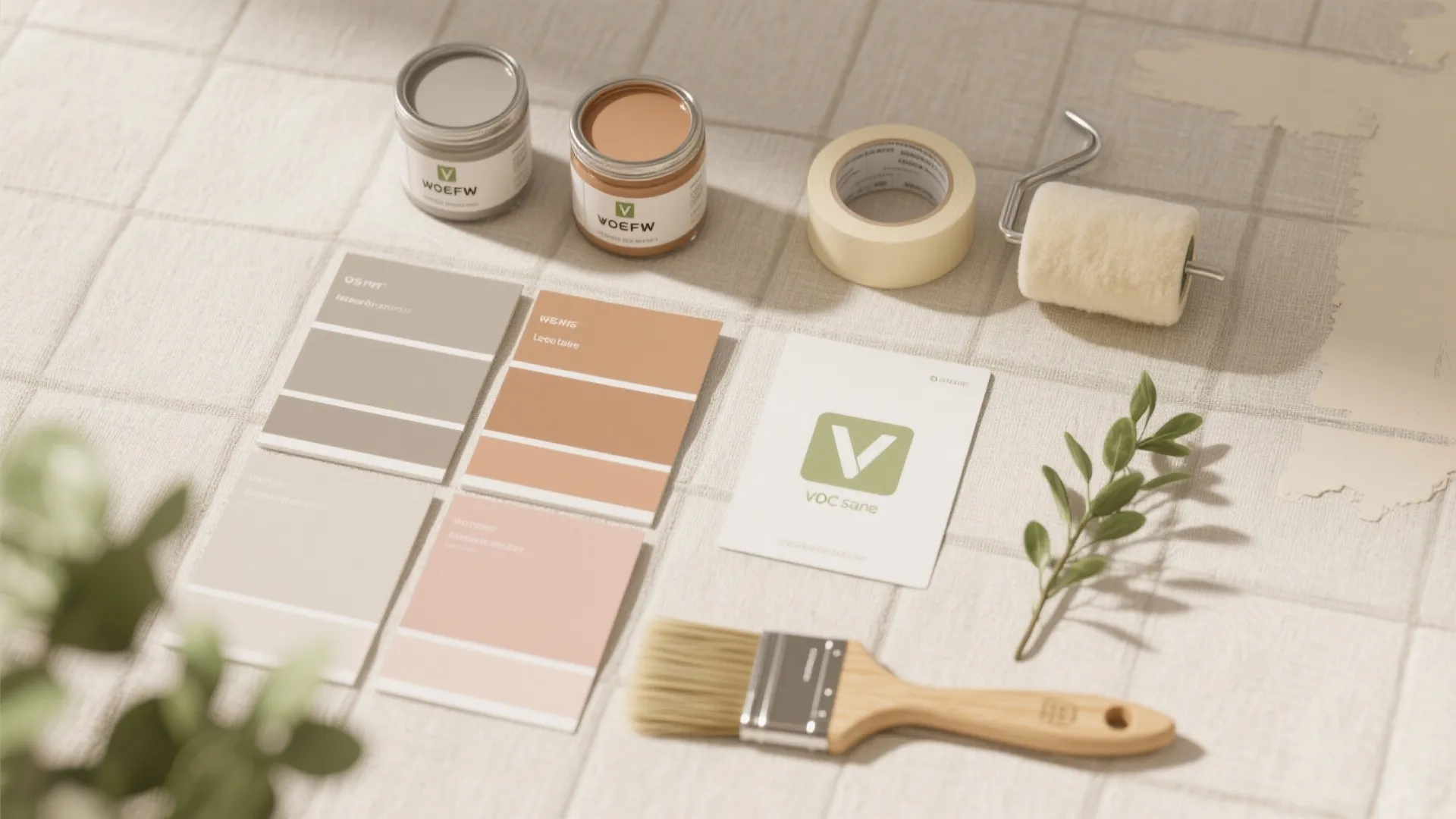 Interior painting supplies including two paint cans tape color swatches wooden brush and foam roller