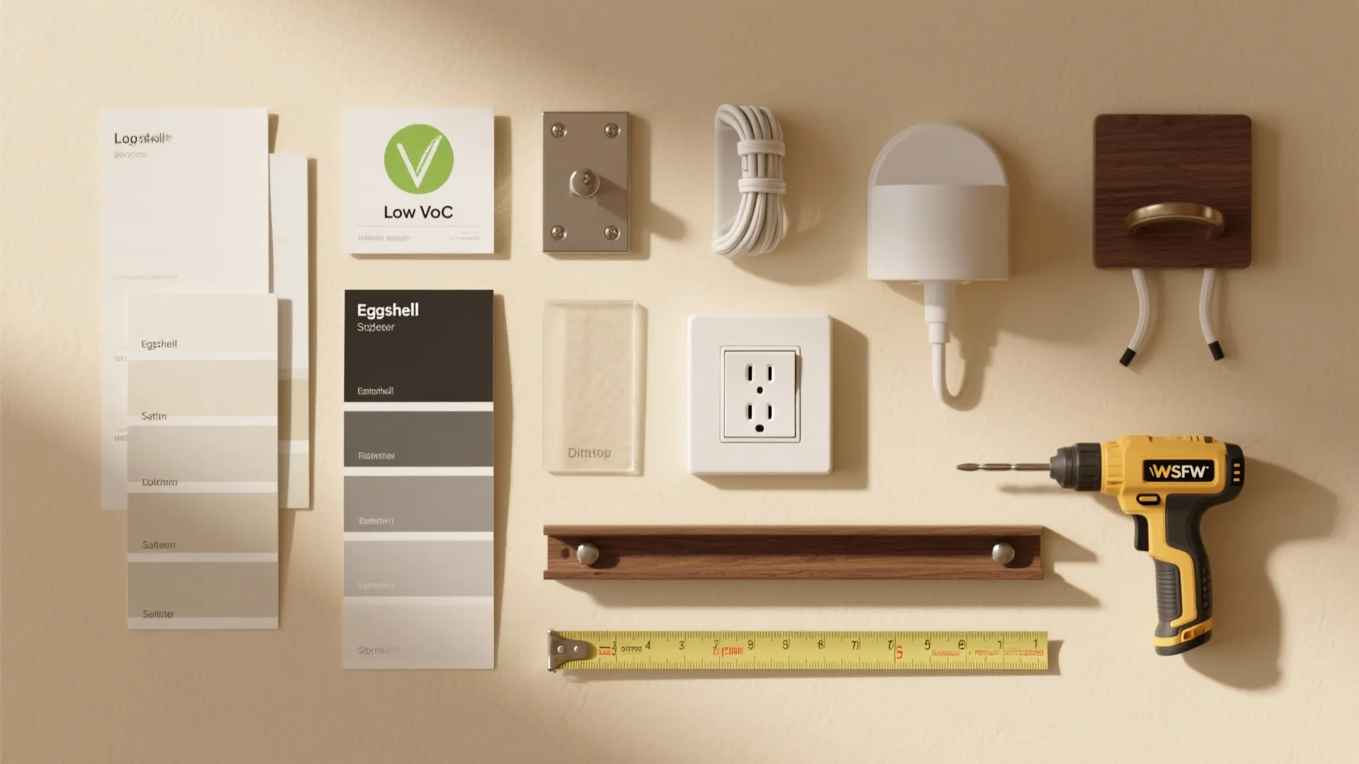 Home improvement tools and materials including paint samples power drill tape measure and electrical wall outlet