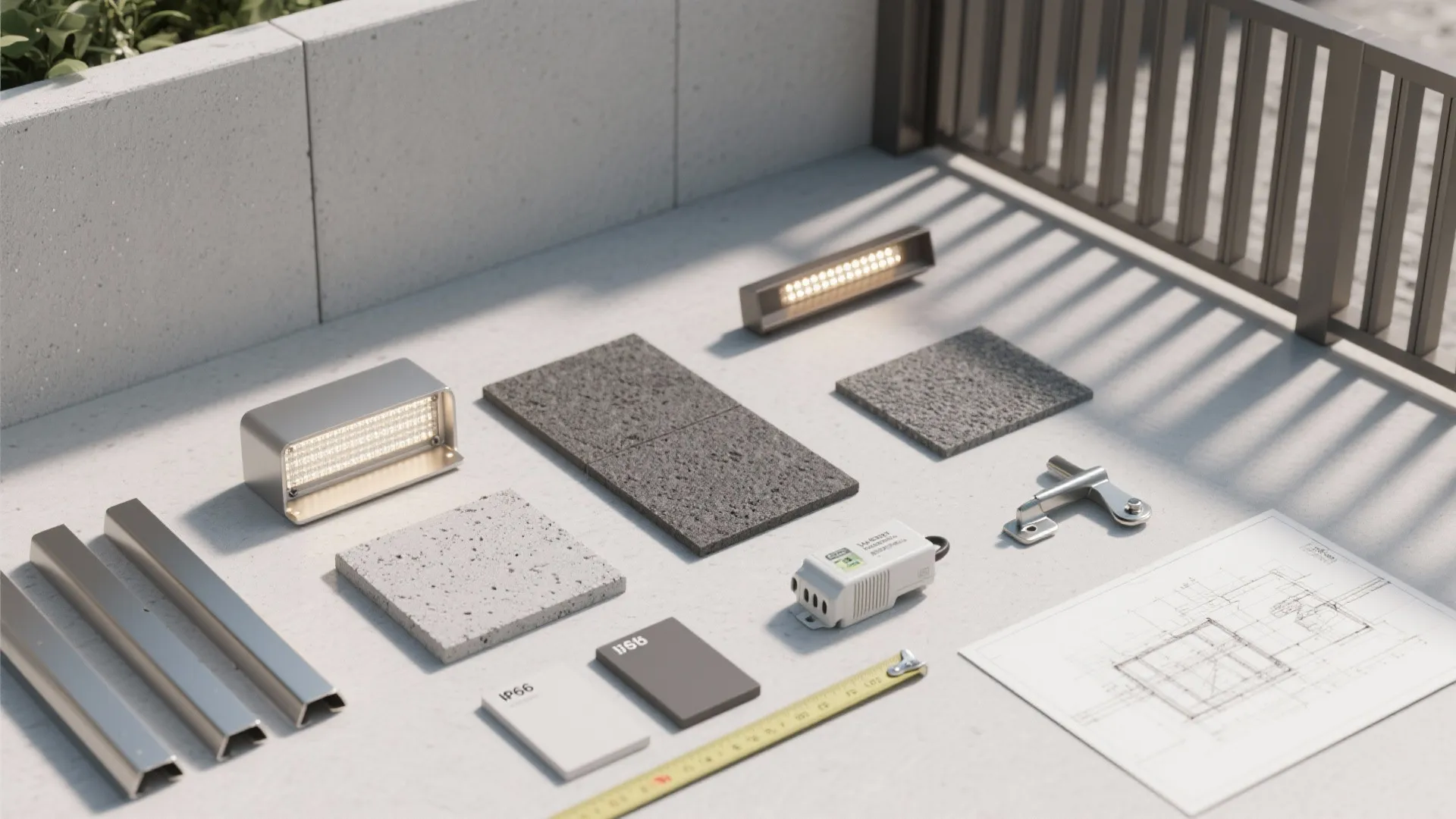 Material flat lay including small light fixtures stone tiles measuring tape and interior design drawing