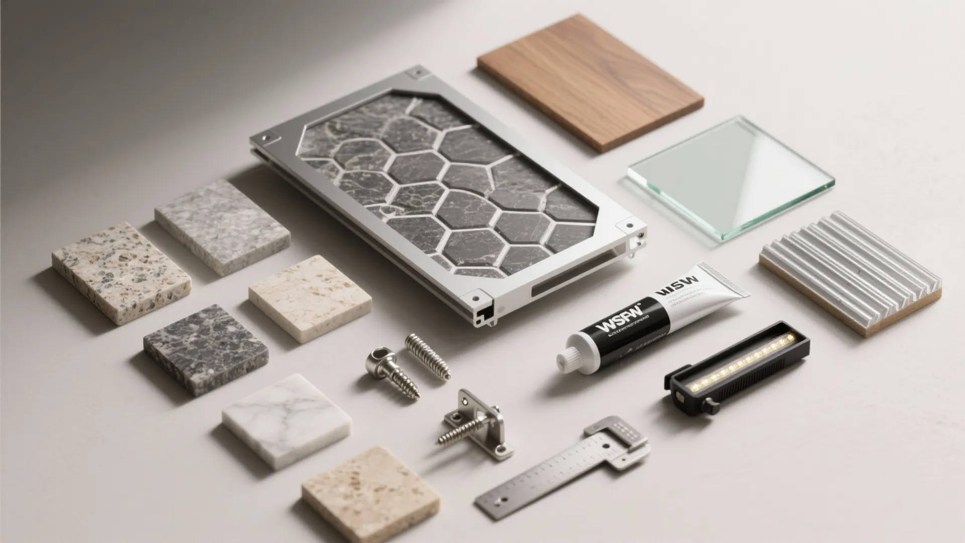 Interior design materials including stone tiles wood board glass panel screws glue and a metal ruler