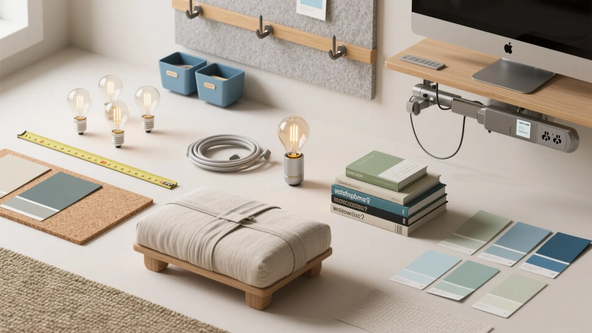 Interior design flat lay with light bulbs, tape measure, color swatches, books, and wooden footrest