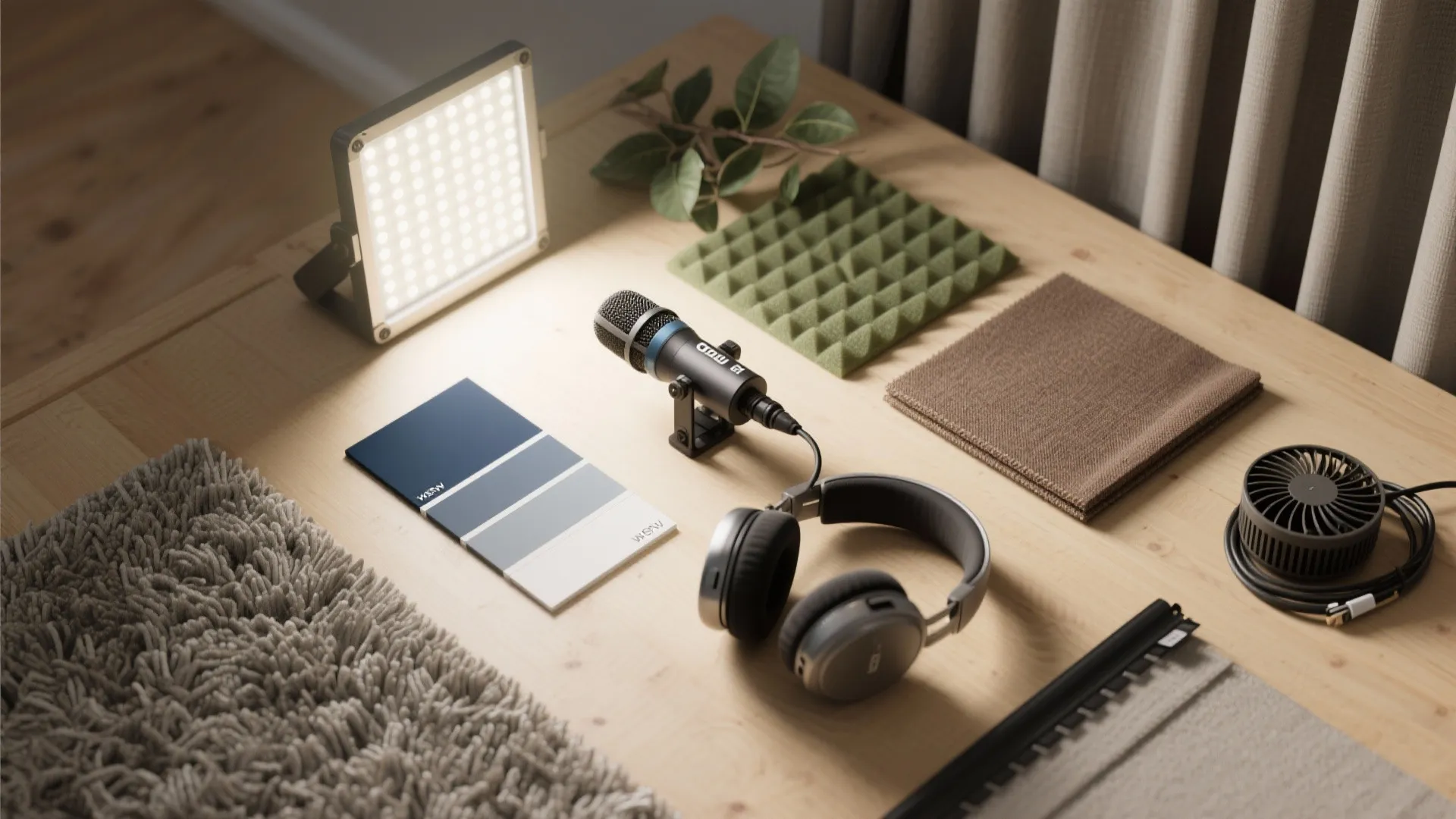 Wooden desk with microphone, headphones, light fixture, color palette, green foam, and small desk fan