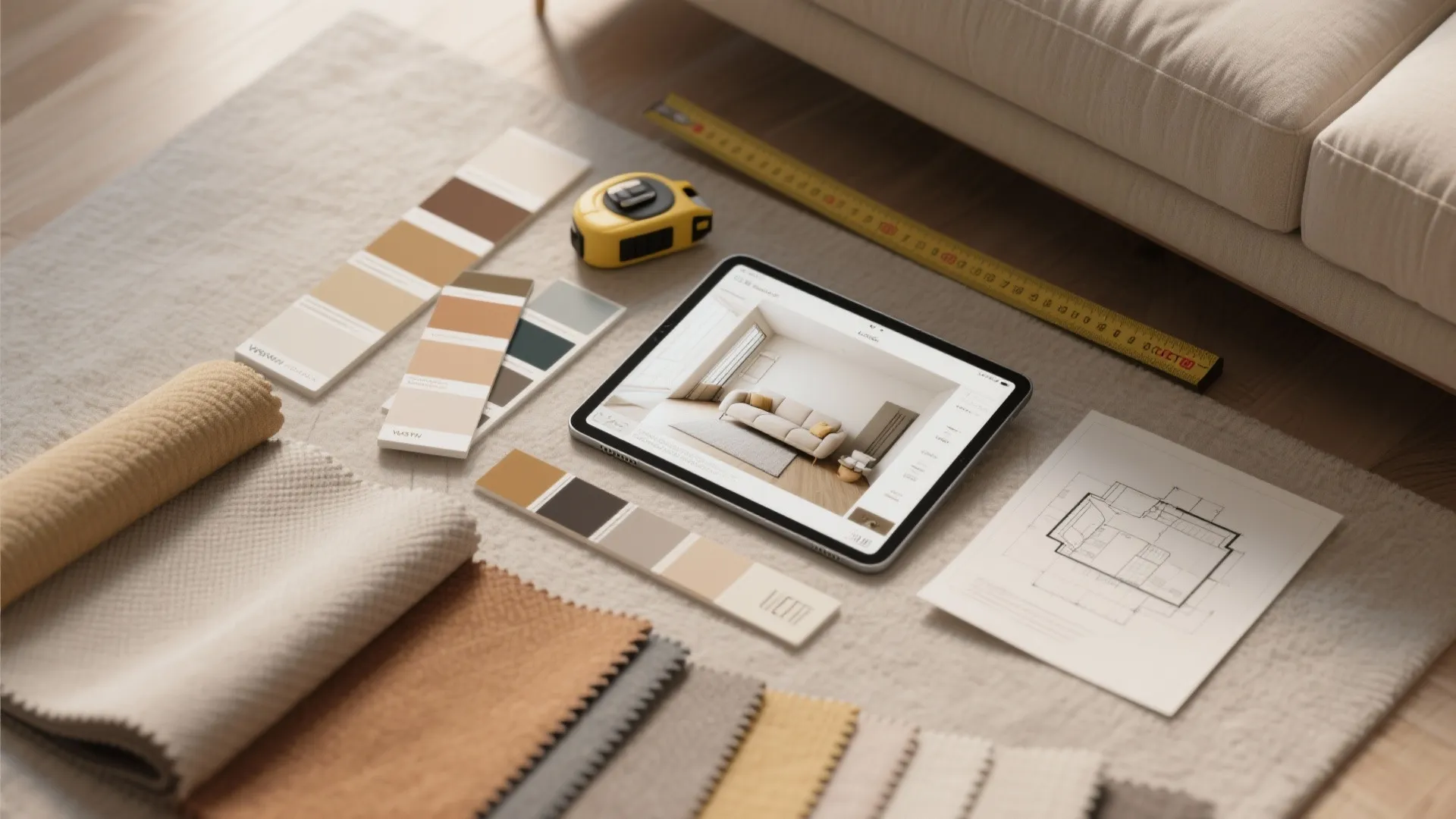 Interior design floor plan layout on tablet with fabric samples and measuring tools on the floor