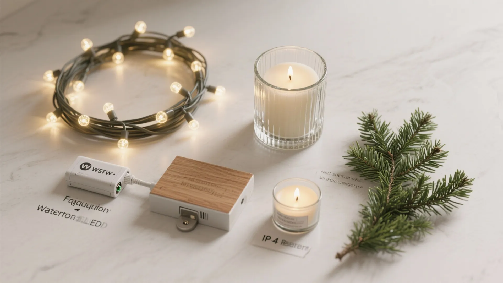 Flatlay of waterproof fairy lights, sealed wood sample, faux greenery and safe candle options for bathroom holidays.