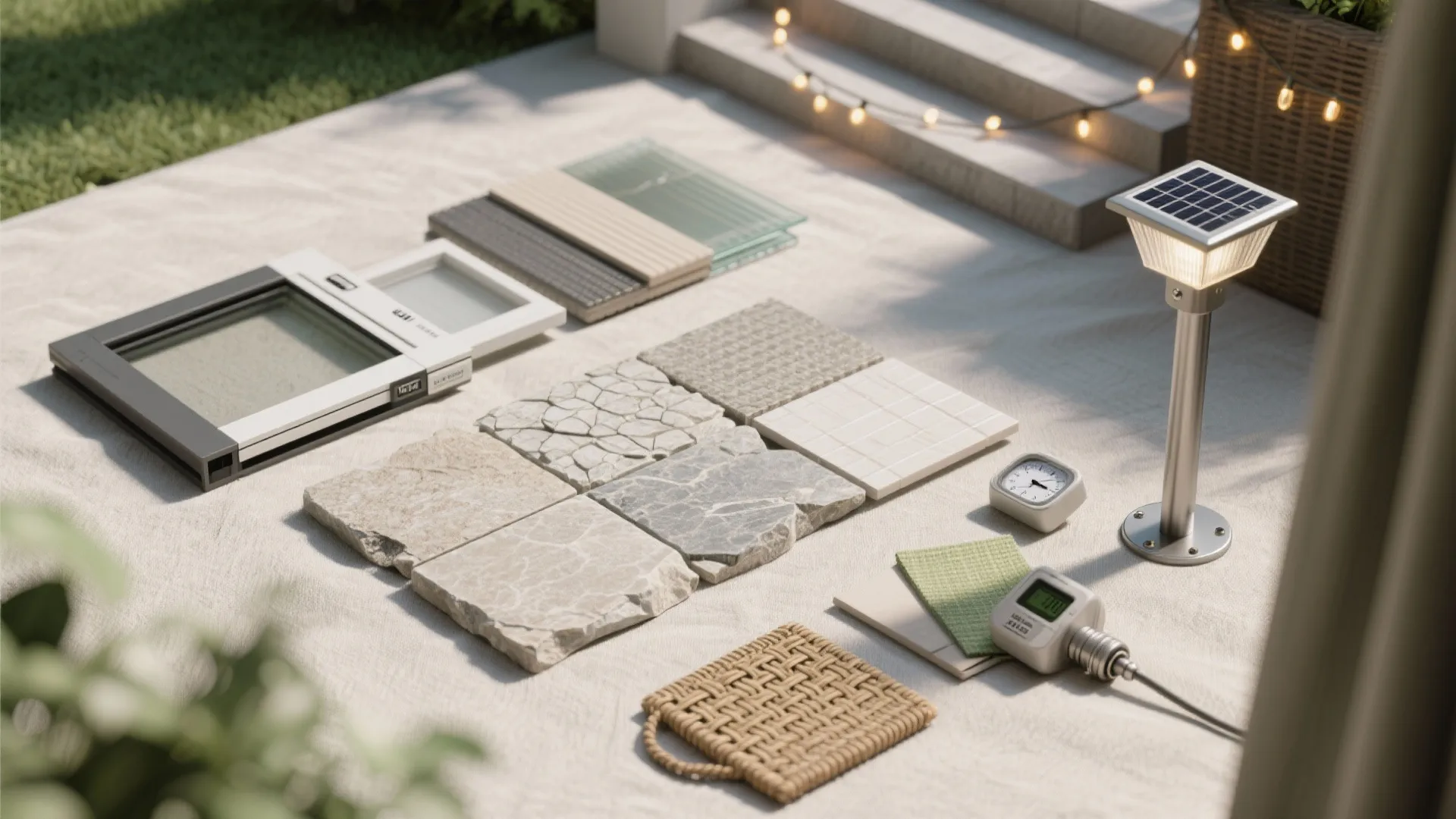 Collection of outdoor building materials including stone tiles glass samples solar light and woven mat