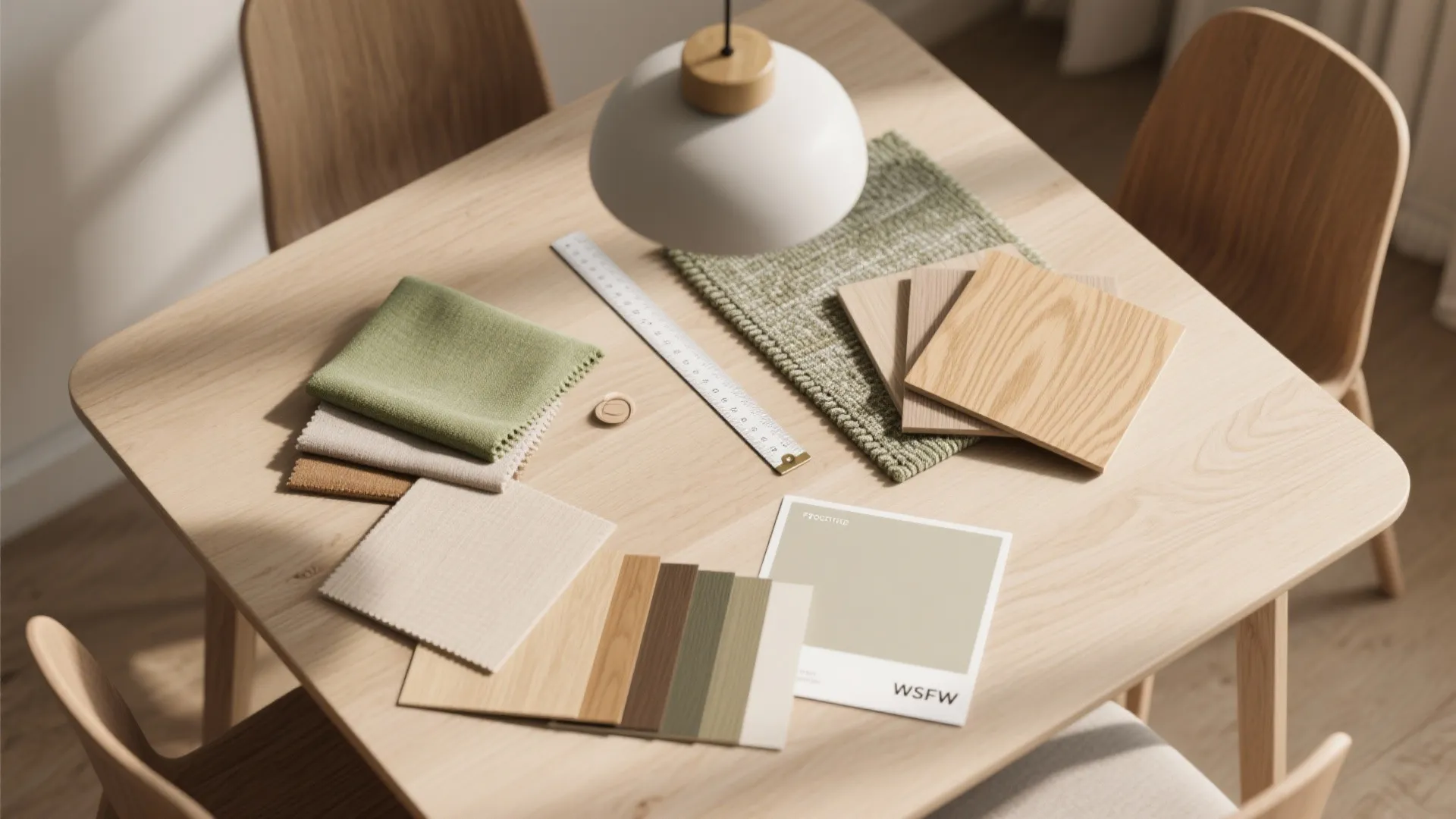 Flat lay on wooden table with fabric samples, wood pieces, a ruler, and light fixture