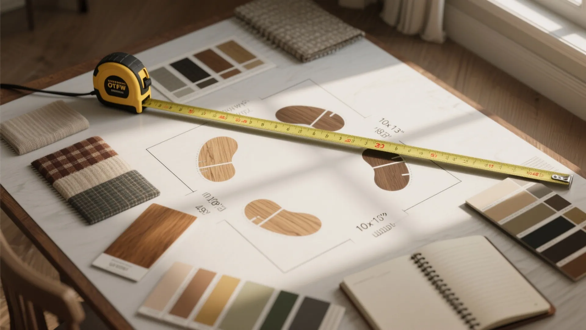 Yellow tape measure on interior design drawing with fabric swatches wood samples and a notebook