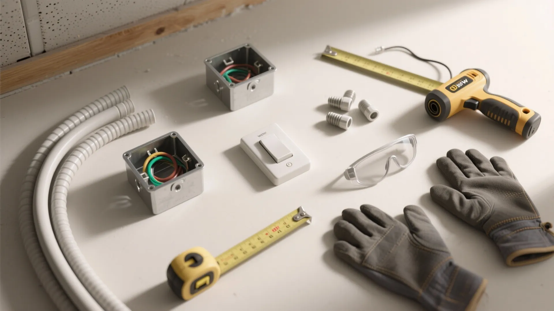 Electrical installation tools and parts including light switch wire boxes work gloves and a measuring tape