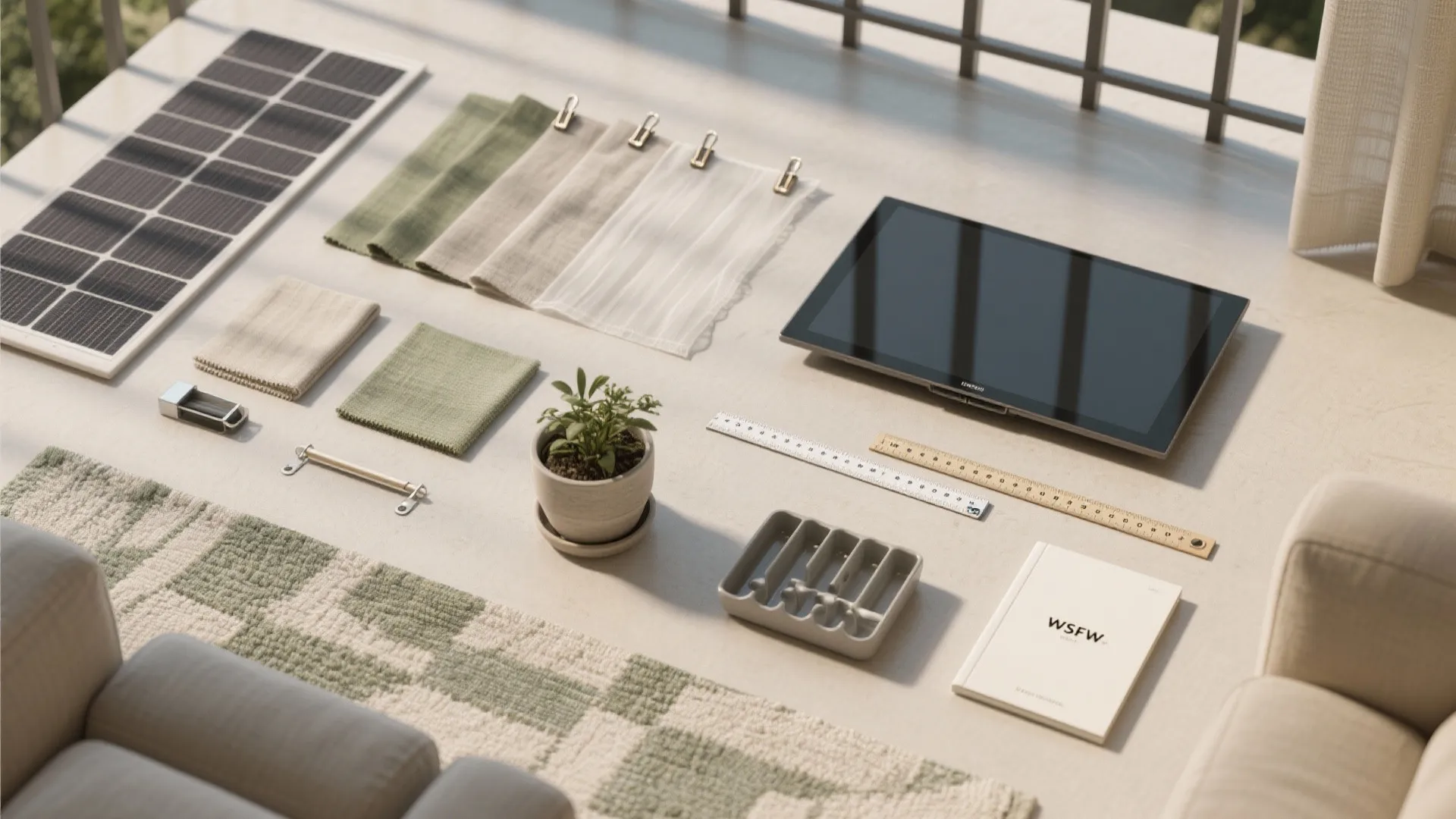 Interior design mood board with fabric swatches solar panel tablet notebook and a small plant