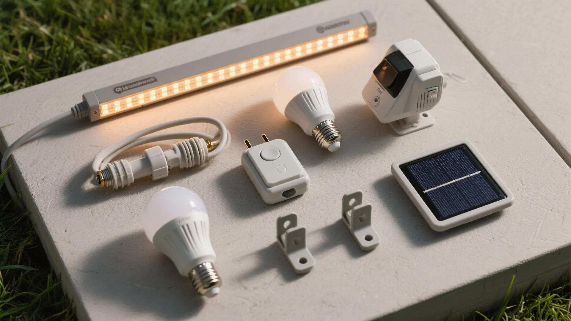 Set of lighting accessories including light bulbs solar panel and strip light on stone surface
