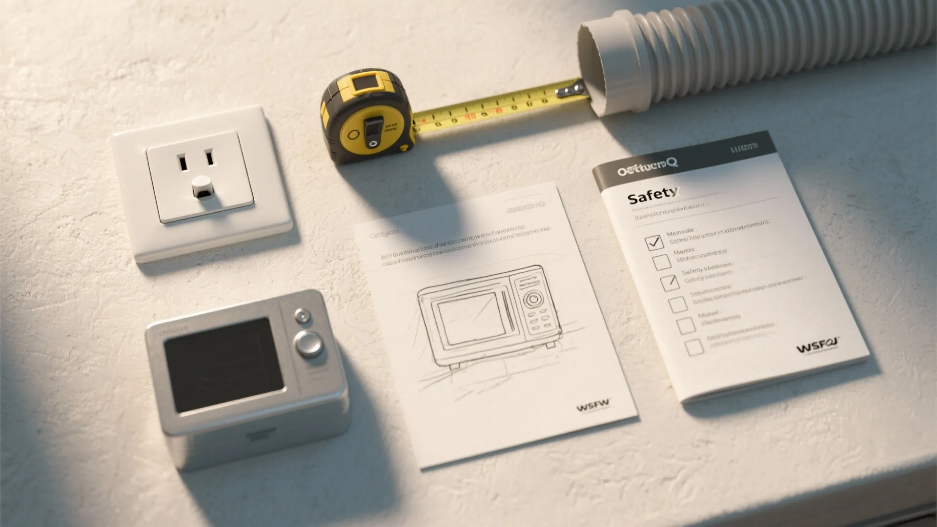 Flat lay view including wall outlet, measuring tape, safety manual, microwave sketch, and silver control box