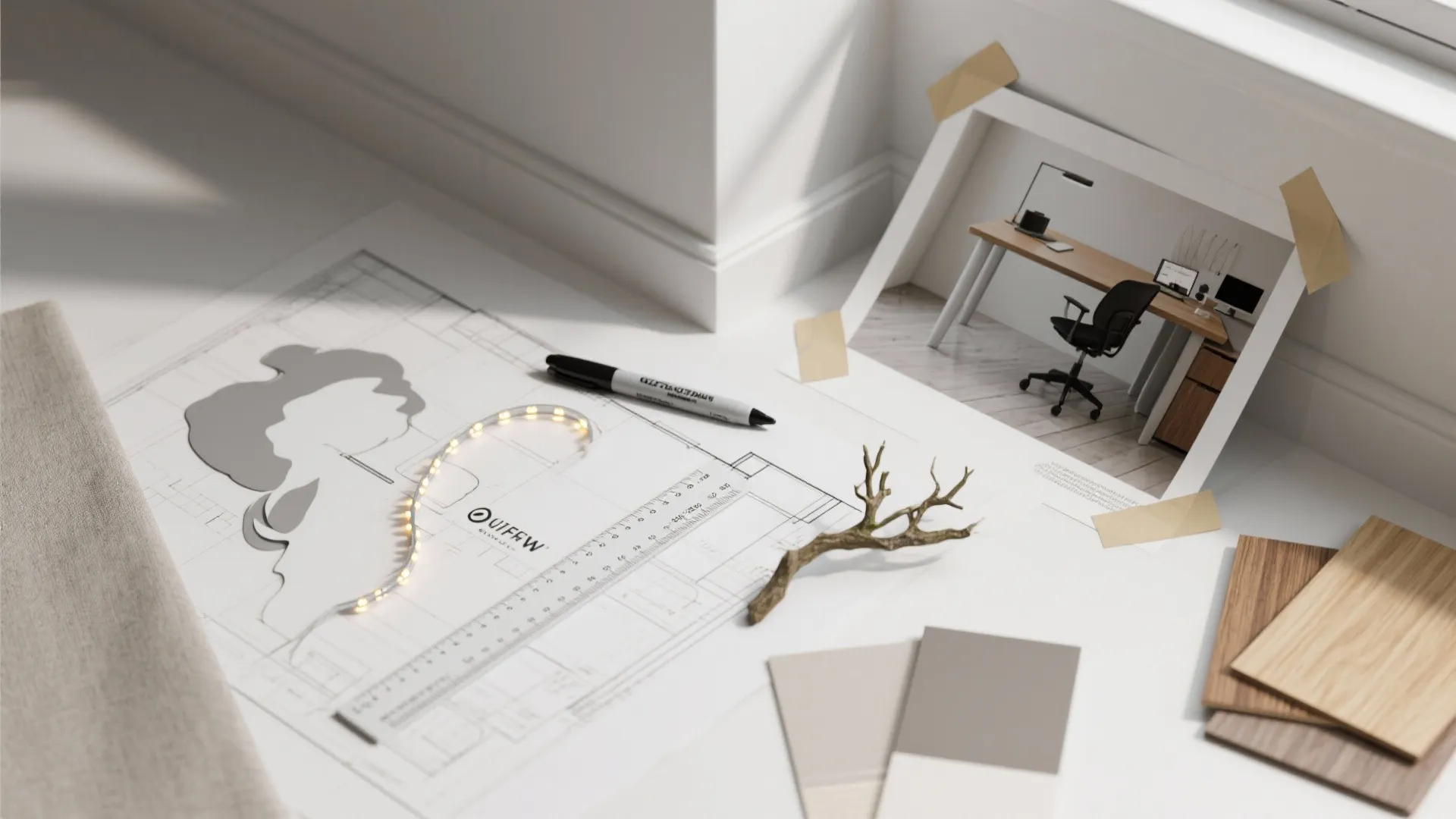 Floor plan drawing on desk with light strip pen wood samples and office design photo