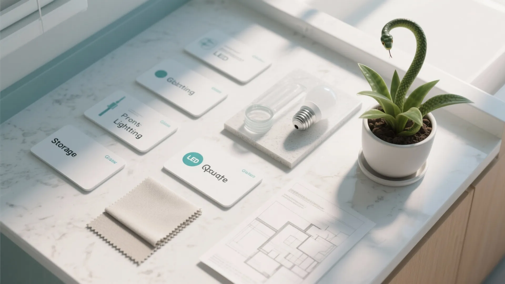 Flatlay of clinic materials and sample items illustrating storage, lighting, plants, and glass partition ideas