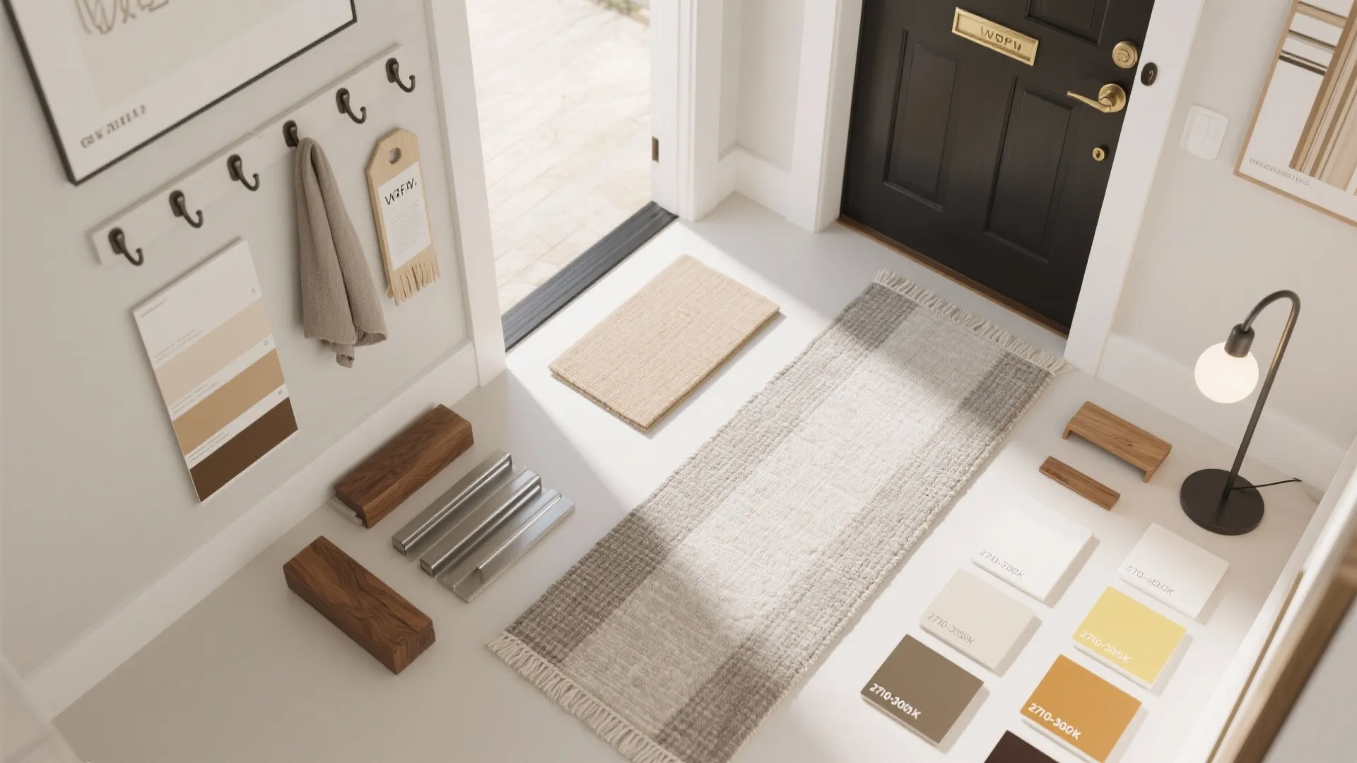 Interior design mood board on floor featuring color samples wood blocks rugs and black door