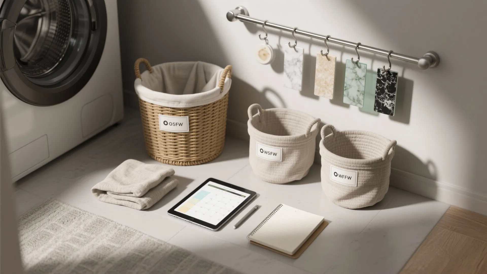 Top-down flatlay of laundry organization tools: labeled baskets, hooks, material swatches and a tablet mockup for planning.