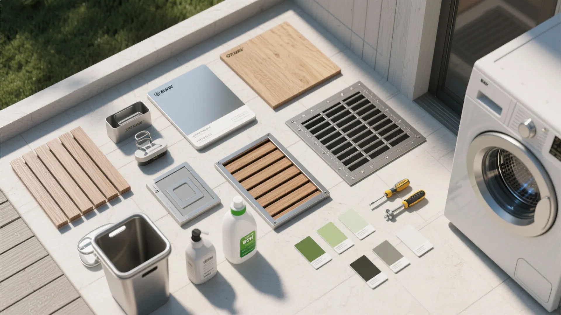 Top-down flatlay of material samples for outdoor laundry: stainless, marine plywood, composite slat, teak, louver vent and waterproof bins.
