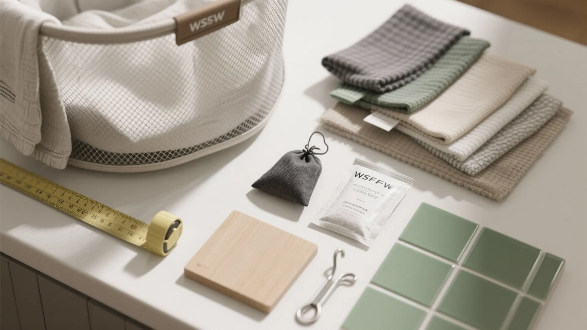 Flat lay of laundry basket with folded towels measuring tape and green tiles on white table