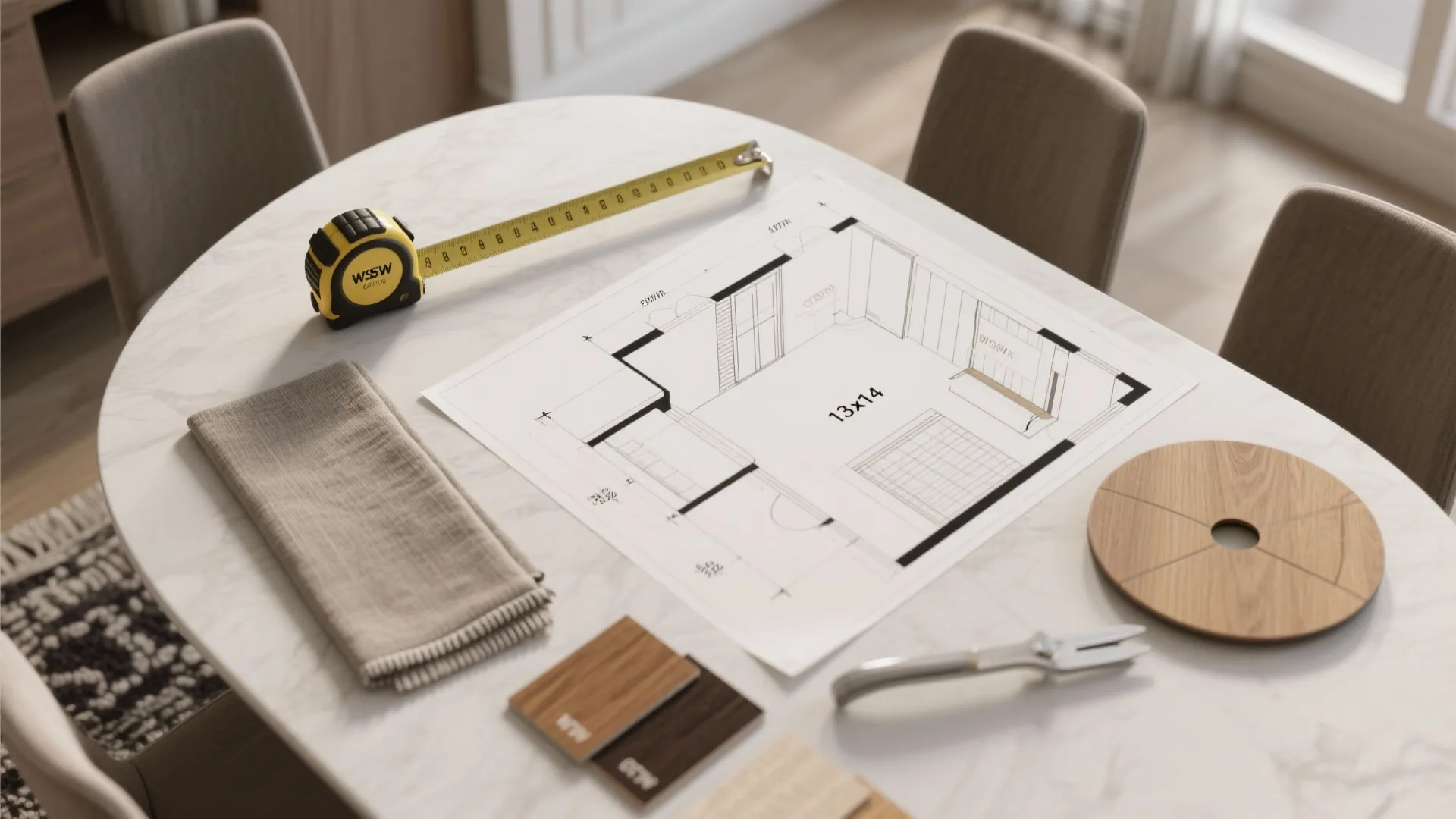 Interior design drawing on white table with measuring tape wood samples fabric napkin and chairs