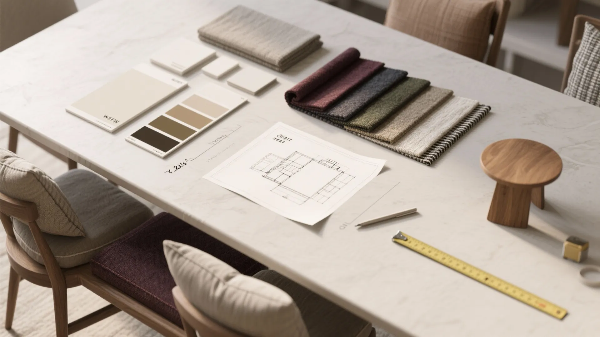 Interior design drawing with fabric swatches color palettes and tape measure on white stone table