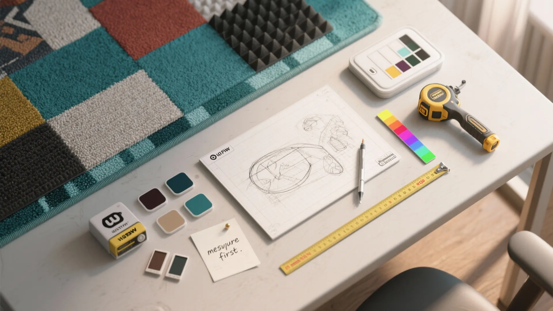 Flatlay of rug swatches, acoustic samples, paint chips, tape measure and RGB strip for planning a gaming bedroom layout.