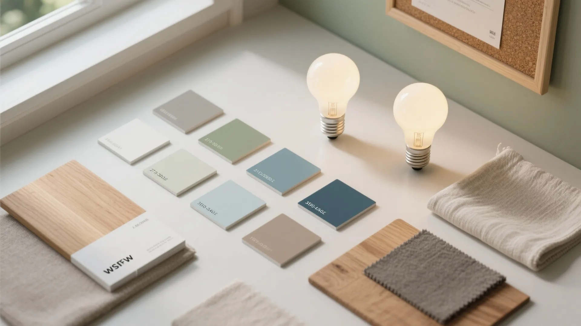 Interior design materials on white desk with wood samples fabric swatches paint cards and light bulbs