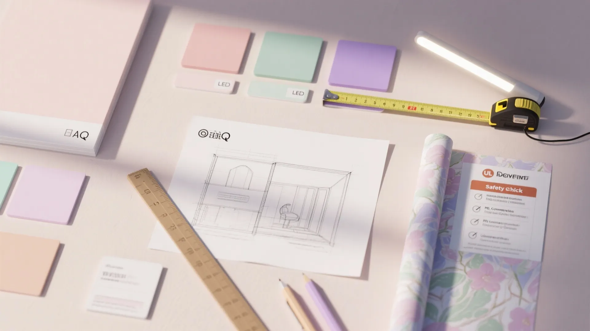 Interior design drawing on desk with measuring tape plus color samples and wooden ruler tools