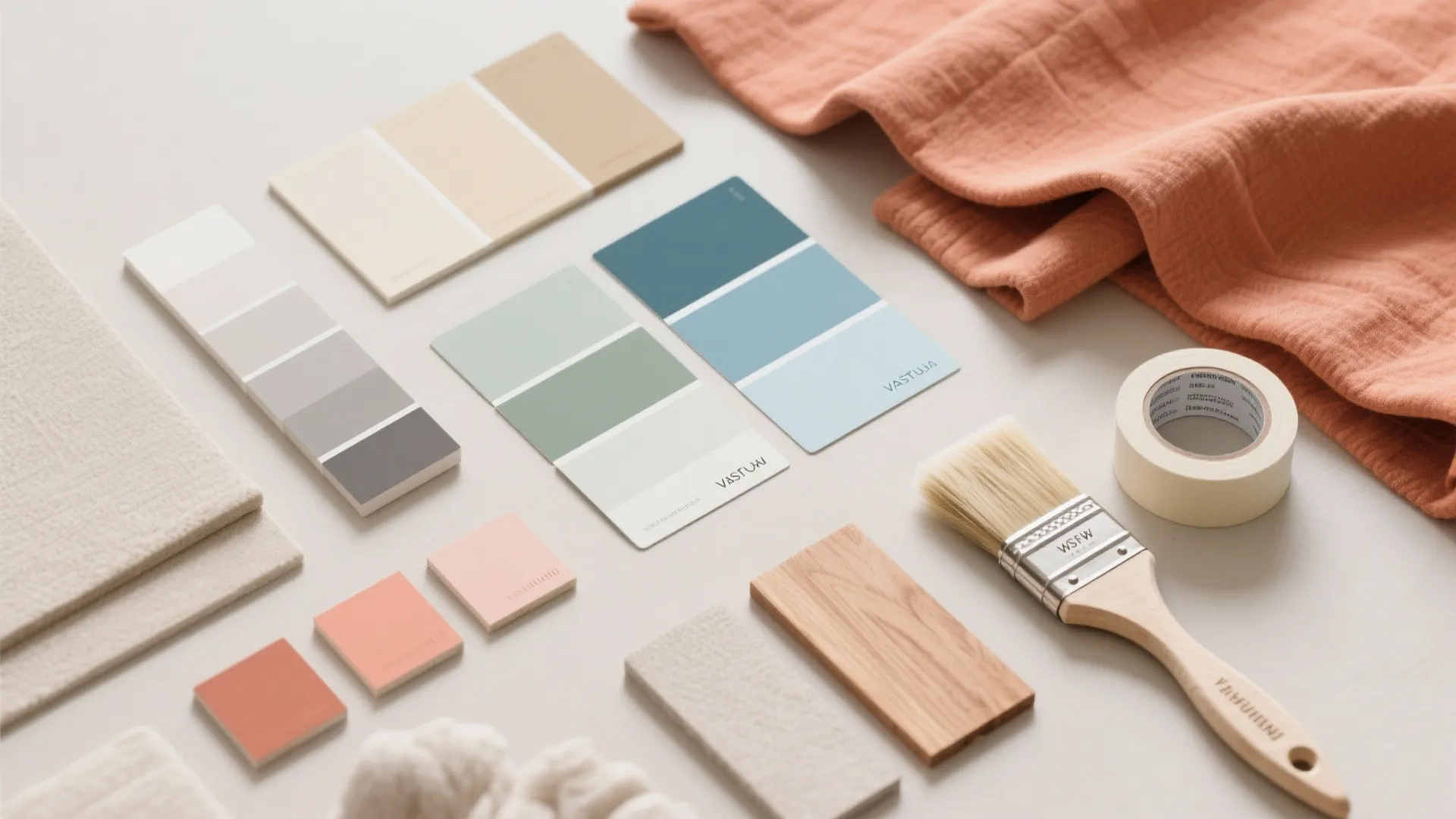 Interior design mood board with color swatches wood samples paint brush and orange fabric material