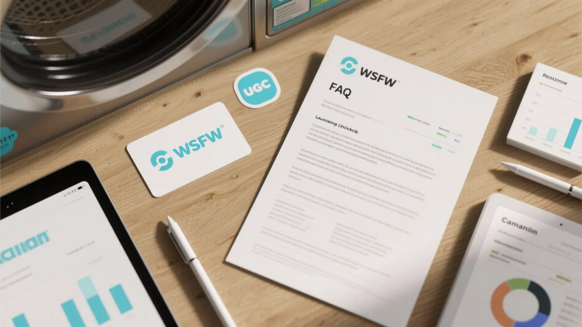 Office desk flat lay with FAQ document pens business cards tablets and charts on wood table